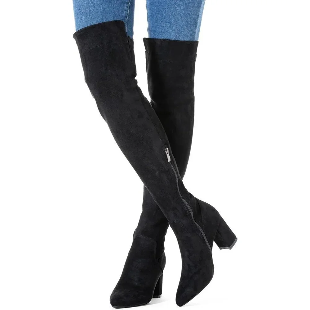 Women Black\3inch Suede Over the Knee Thigh High Chunky Block Heel Winter Boots